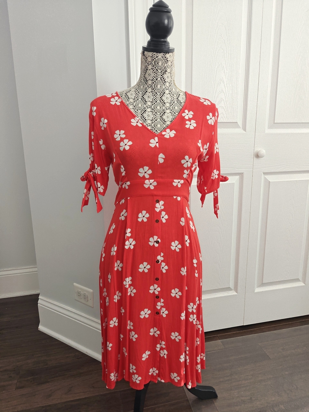 Farrow Red Midi Dress with White Floral Print Size Small